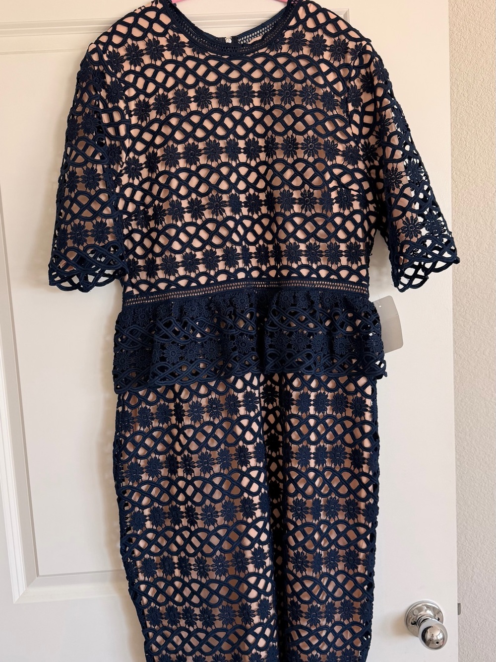 Just Me Navy Lace Peplum Midi Dress with Nude Lining